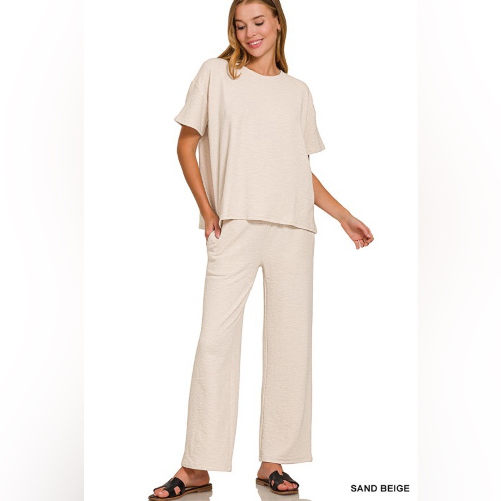 Zenana Outfitters Sand Beige Wide Leg Lounge Pants Set
